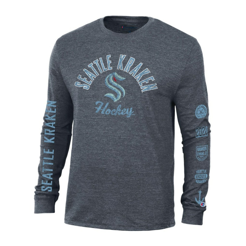 Seattle Kraken Champion Multi-Logo Tri-Blend Long Sleeve T-Shirt Outlet