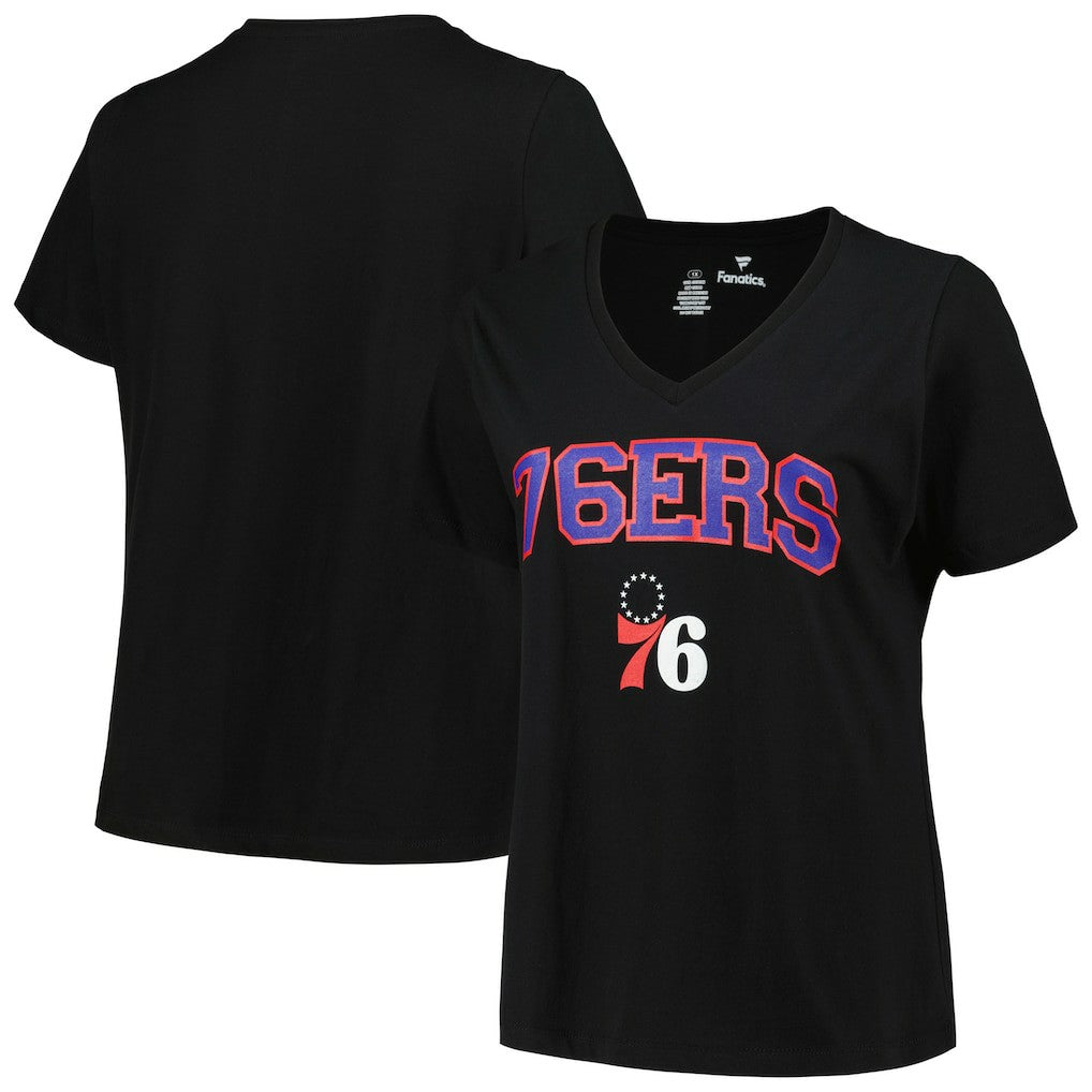 Philadelphia 76ers Profile Women's Plus Size Arch Over Logo V-Neck T-Shirt New