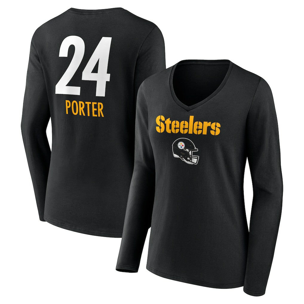 Pittsburgh Steelers  Joey Porter Jr.  Women's Team Wordmark Player Name & Number Long Sleeve V-Neck T-Shirt