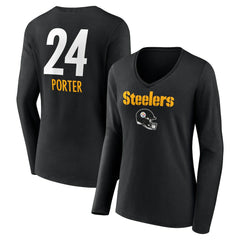 Pittsburgh Steelers  Joey Porter Jr.  Women's Team Wordmark Player Name & Number Long Sleeve V-Neck T-Shirt