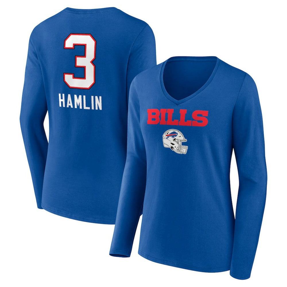 Buffalo Bills  Damar Hamlin  Women's Team Wordmark Player Name & Number Long Sleeve V-Neck T-Shirt