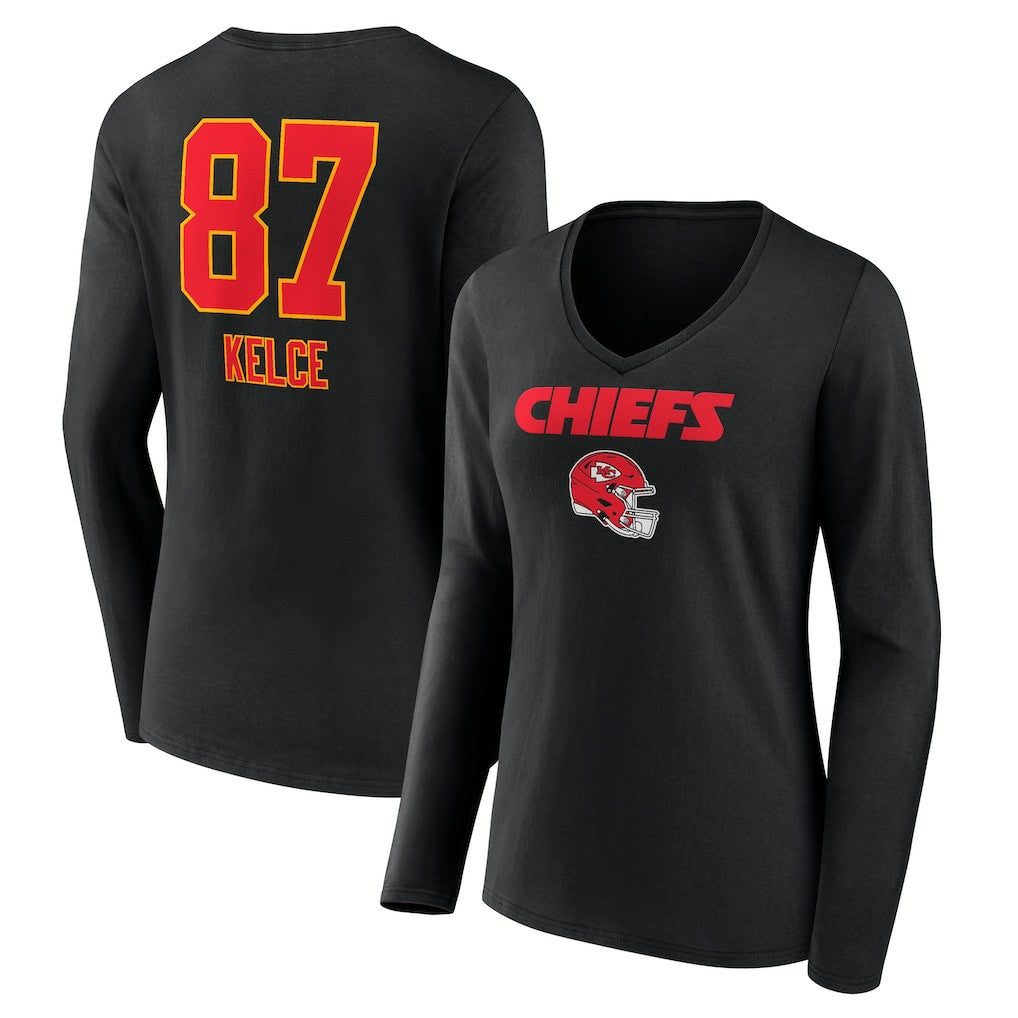Kansas City Chiefs  Travis Kelce  Women's Team Wordmark Player Name & Number Long Sleeve V-Neck T-Shirt