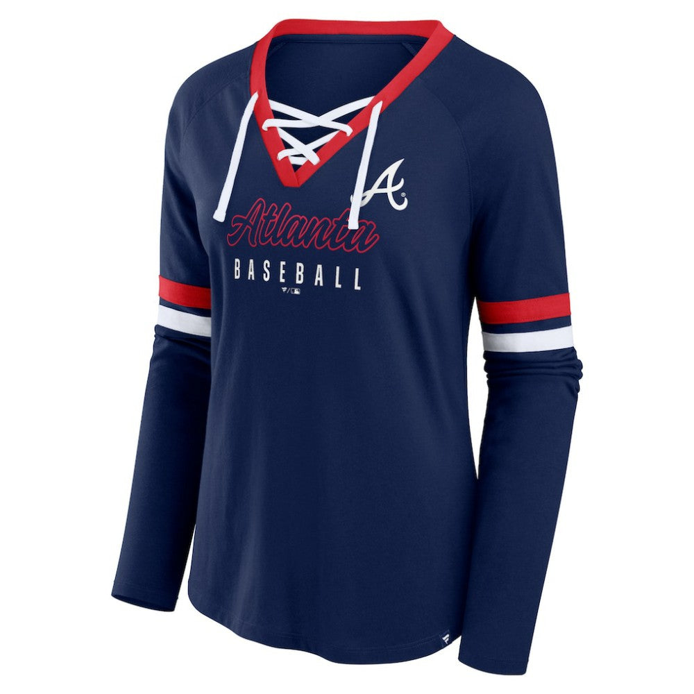 Atlanta Braves Fanatics Women's Won & Done Raglan Lace-Up Long Sleeve T-Shirt | MLB Shop