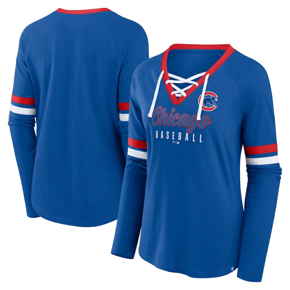 Chicago Cubs Fanatics Women's Won & Done Raglan Lace-Up Long Sleeve T-Shirt | MLB US