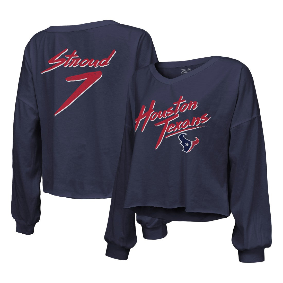Houston Texans  C.J. Stroud  Majestic Threads Women's Name & Number Script Off-Shoulder Cropped Long Sleeve T-Shirt