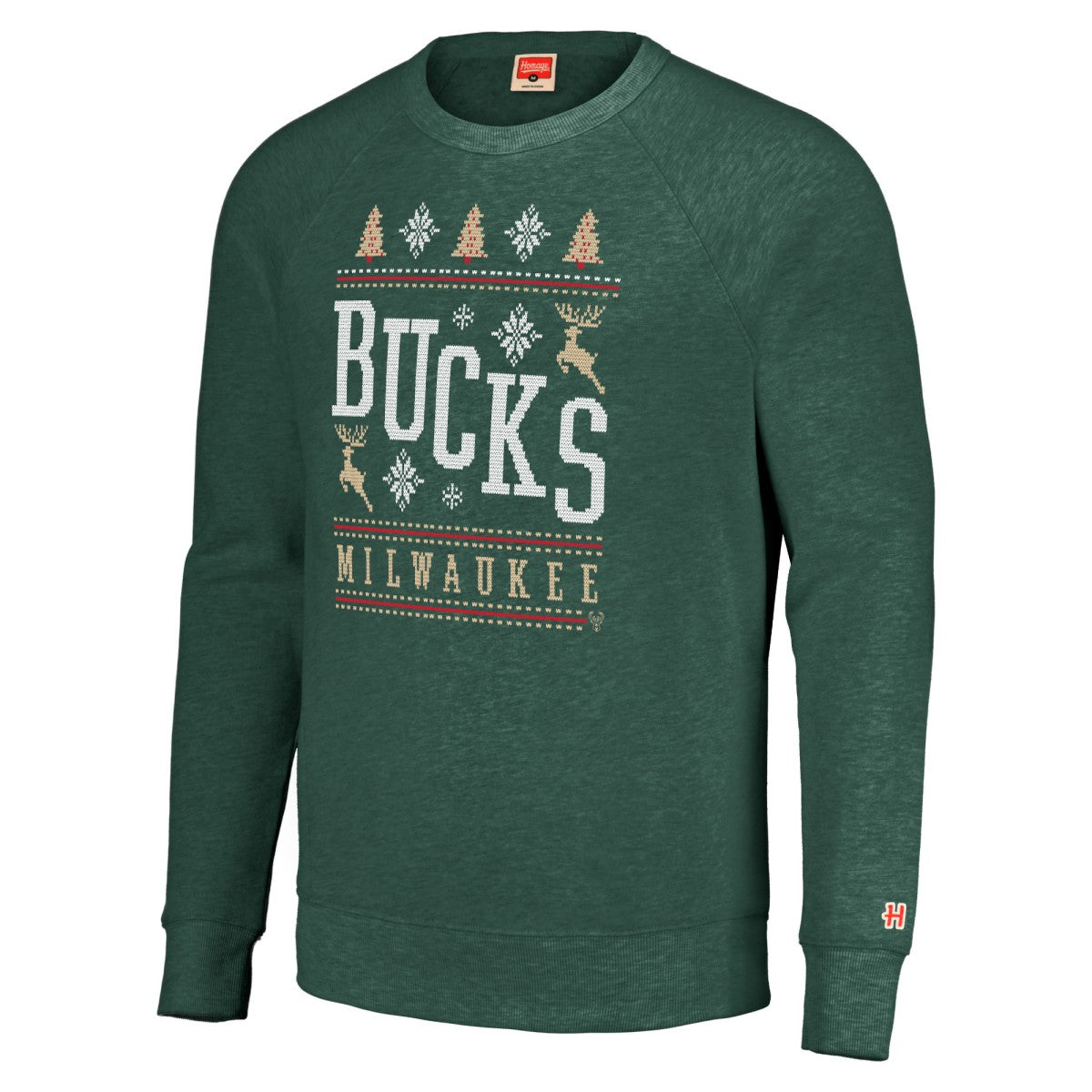 Milwaukee Bucks Homage Unisex Holiday Raglan Pullover Sweatshirt On Sale