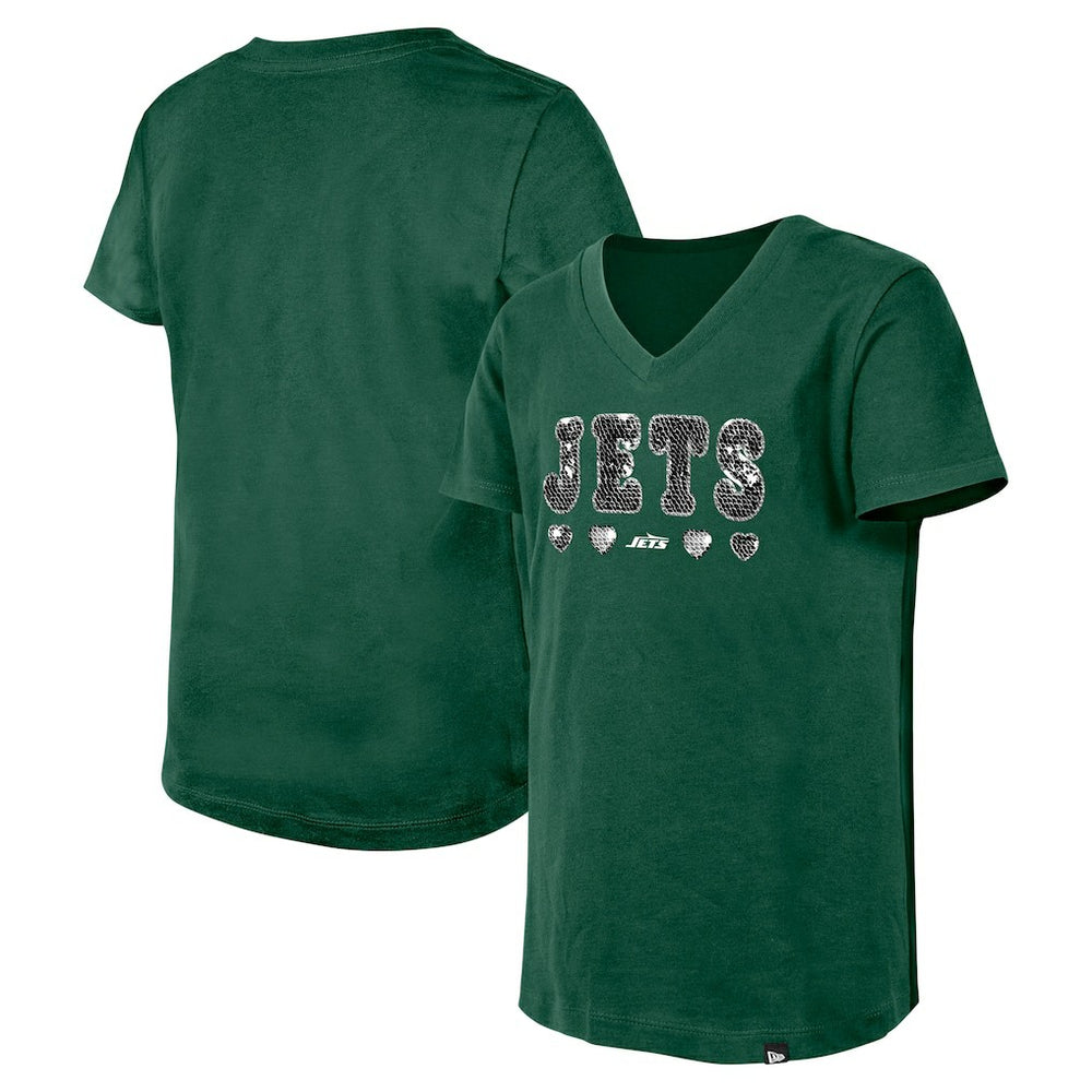 New York Jets New Era Girls Youth Flip Sequin V-Neck T-Shirt