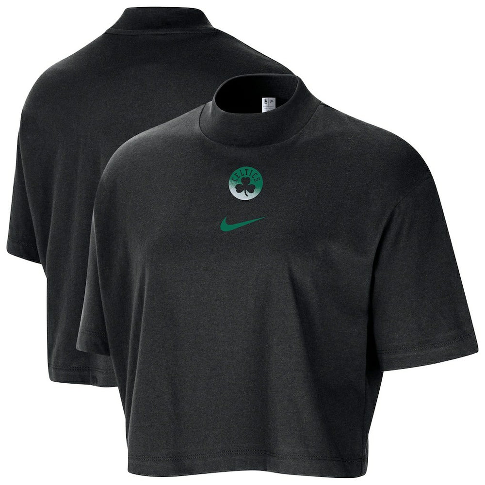 Boston Celtics Women's Courtside Mock Neck Loose Fit Cropped T-Shirt New