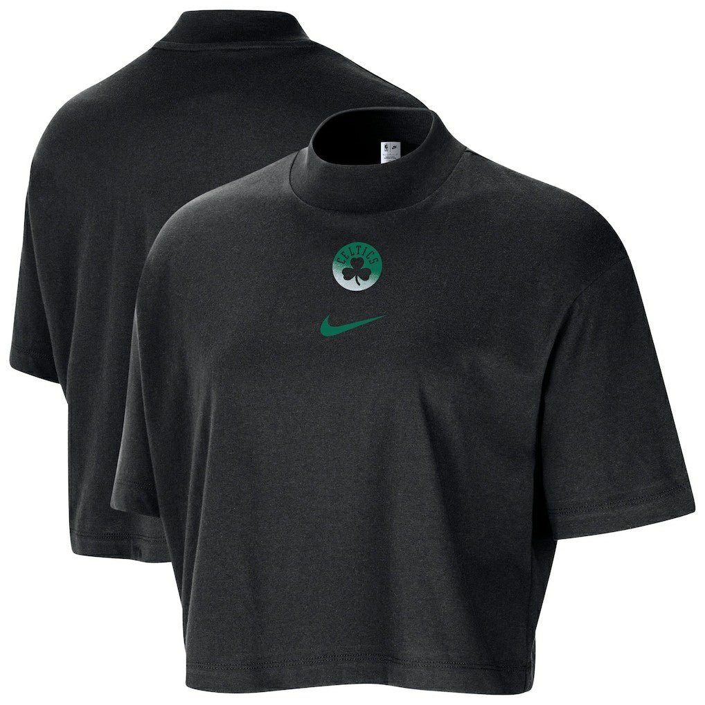 Boston Celtics Women's Courtside Mock Neck Loose Fit Cropped T-Shirt New