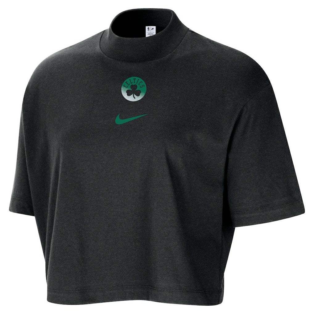Boston Celtics Women's Courtside Mock Neck Loose Fit Cropped T-Shirt New