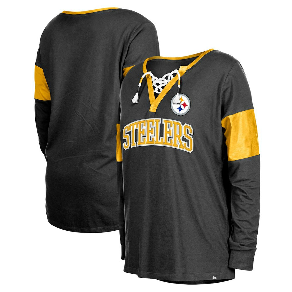 Pittsburgh Steelers New Era Women's Lace-Up Notch-Neck Long Sleeve T-Shirt