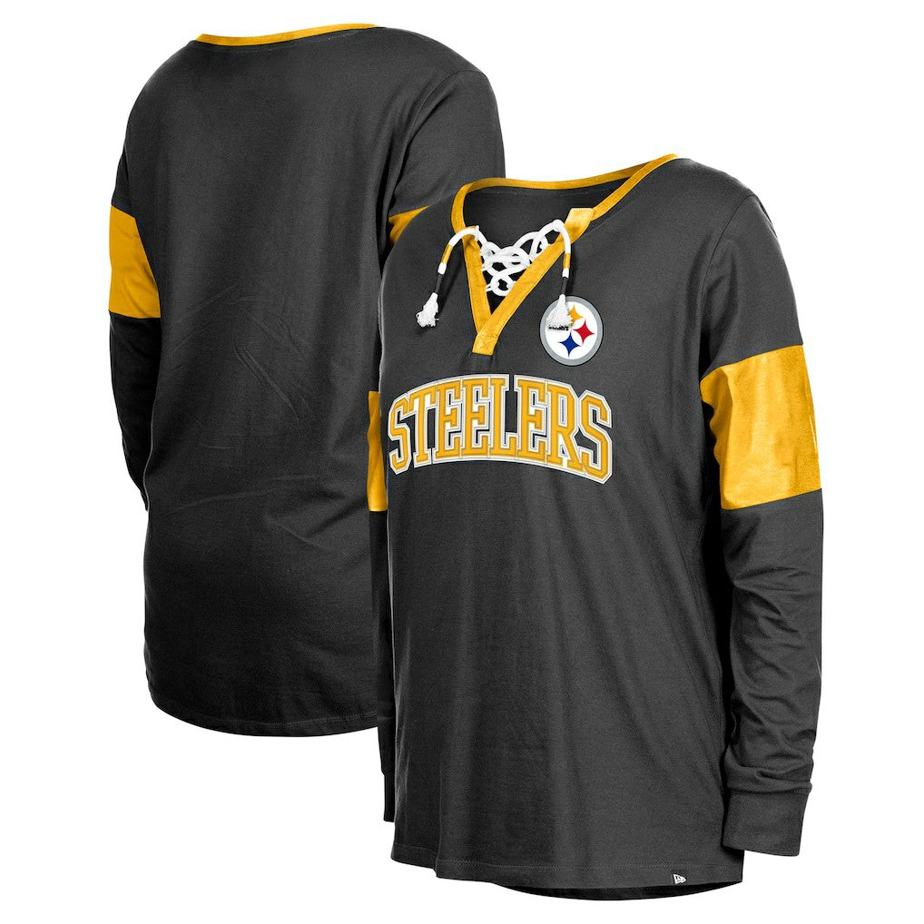 Pittsburgh Steelers New Era Women's Lace-Up Notch-Neck Long Sleeve T-Shirt