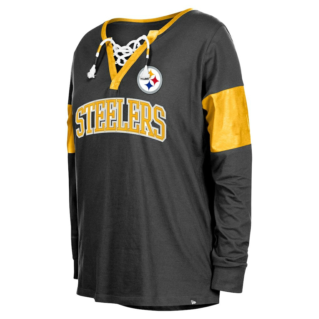 Pittsburgh Steelers New Era Women's Lace-Up Notch-Neck Long Sleeve T-Shirt