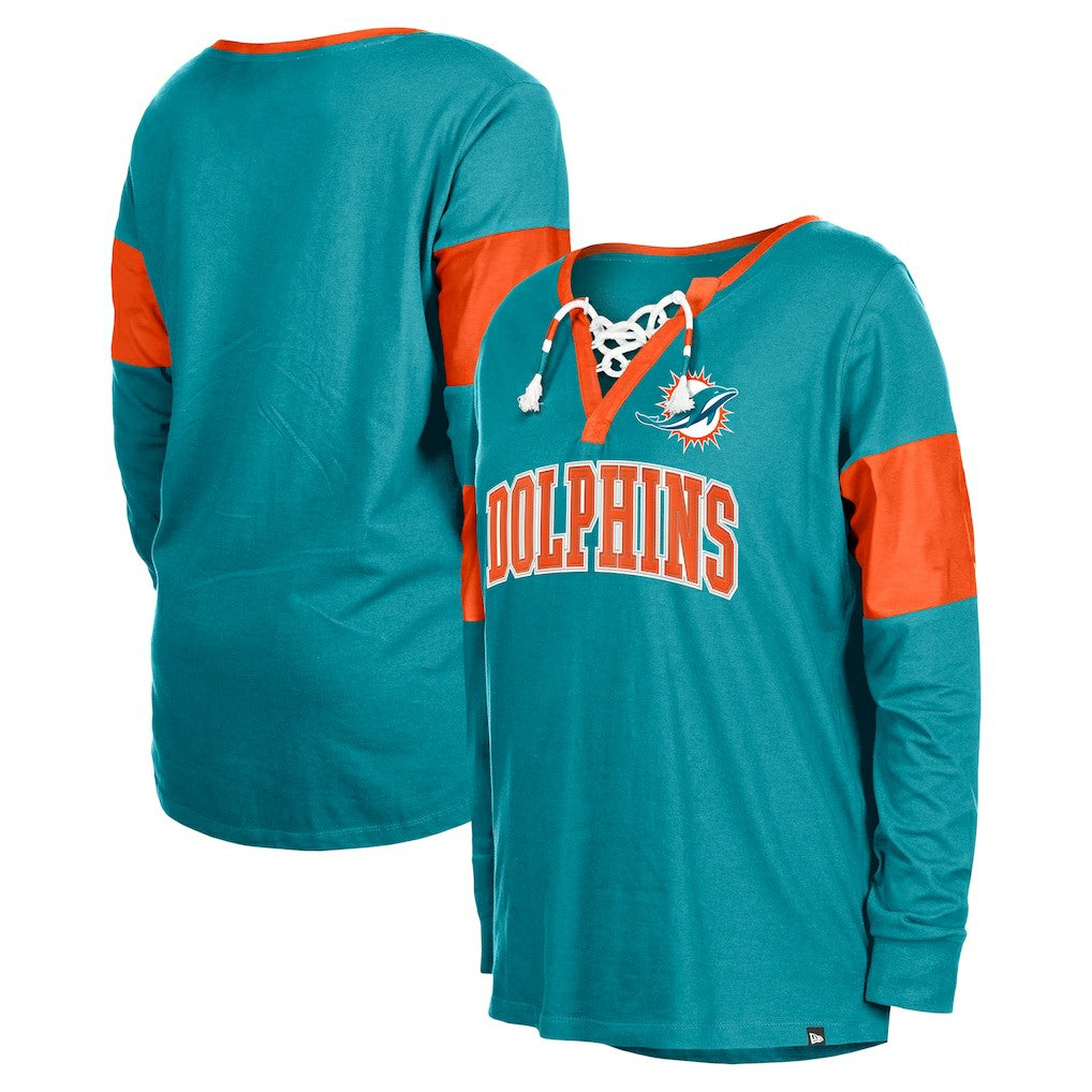 Miami Dolphins New Era Women's Lace-Up Notch-Neck Long Sleeve T-Shirt