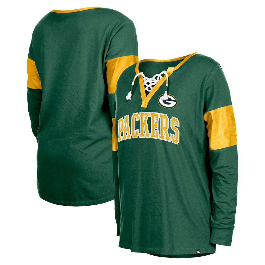 Green Bay Packers New Era Women's Lace-Up Notch-Neck Long Sleeve T-Shirt