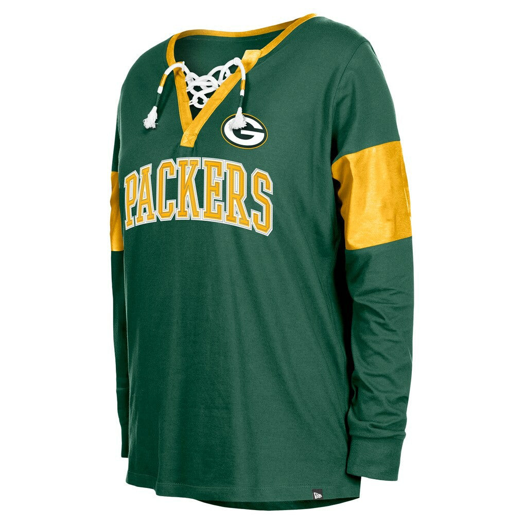 Green Bay Packers New Era Women's Lace-Up Notch-Neck Long Sleeve T-Shirt