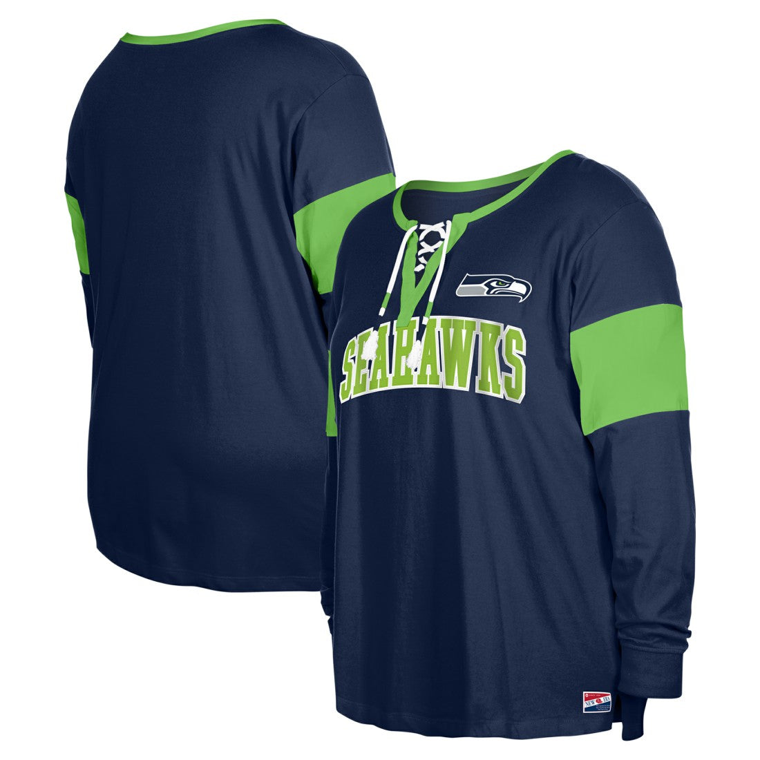 Seattle Seahawks New Era Women's Plus Size Lace-Up Notch Neck Long Sleeve T-Shirt