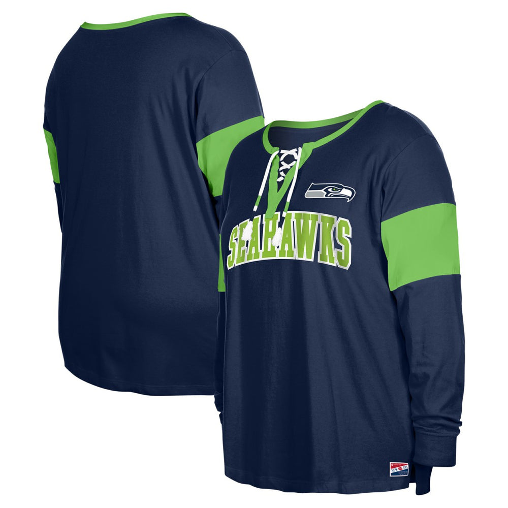 Seattle Seahawks New Era Women's Plus Size Lace-Up Notch Neck Long Sleeve T-Shirt