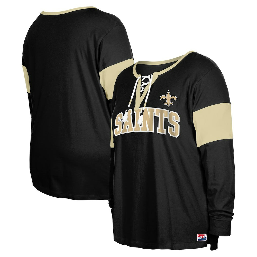New Orleans Saints New Era Women's Plus Size Lace-Up Notch Neck Long Sleeve T-Shirt