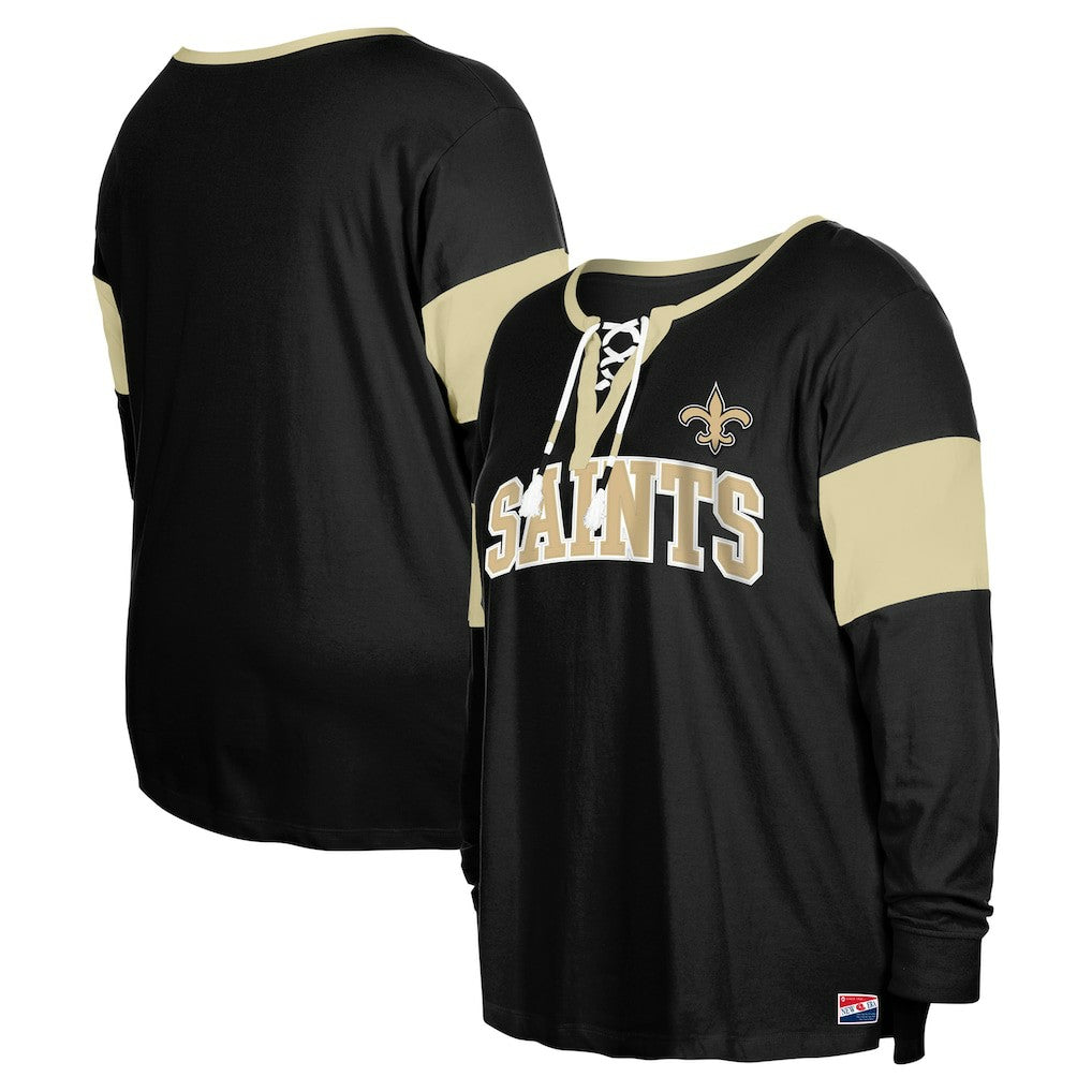 New Orleans Saints New Era Women's Plus Size Lace-Up Notch Neck Long Sleeve T-Shirt