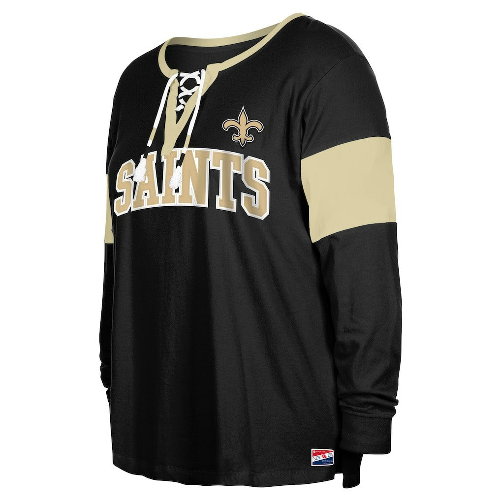 New Orleans Saints New Era Women's Plus Size Lace-Up Notch Neck Long Sleeve T-Shirt
