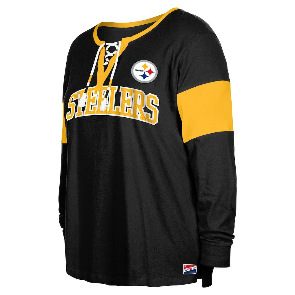 Pittsburgh Steelers New Era Women's Plus Size Lace-Up Notch Neck Long Sleeve T-Shirt