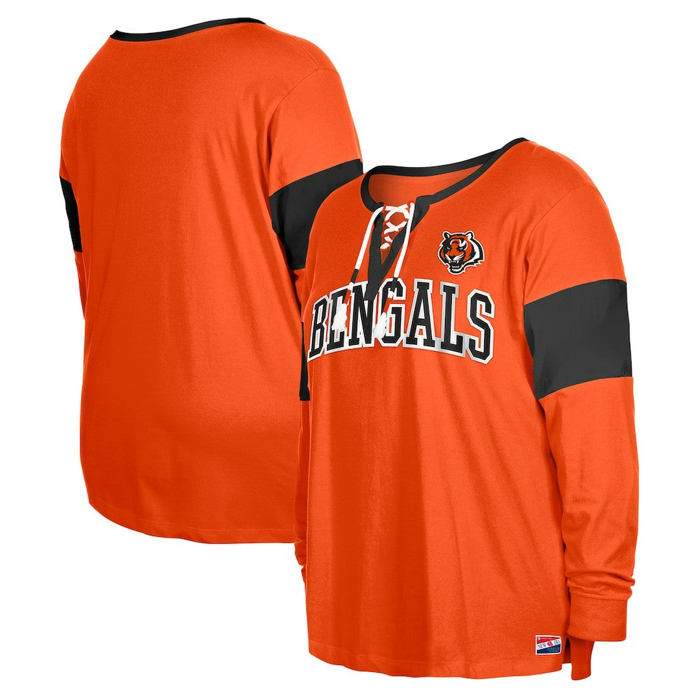 Cincinnati Bengals New Era Women's Plus Size Lace-Up Notch Neck Long Sleeve T-Shirt