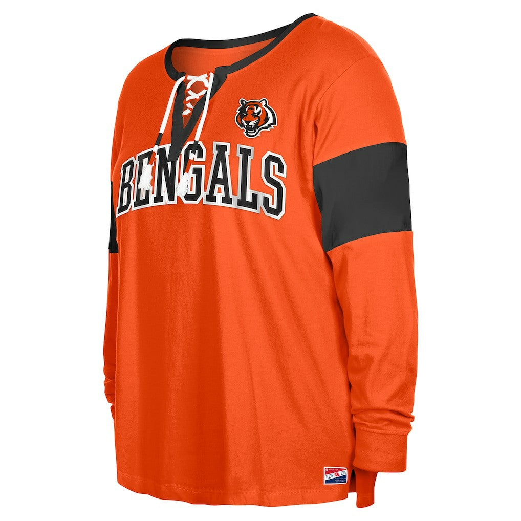 Cincinnati Bengals New Era Women's Plus Size Lace-Up Notch Neck Long Sleeve T-Shirt