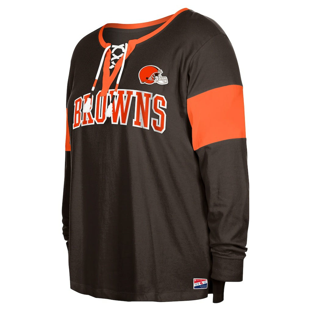 Cleveland Browns New Era Women's Plus Size Lace-Up Notch Neck Long Sleeve T-Shirt