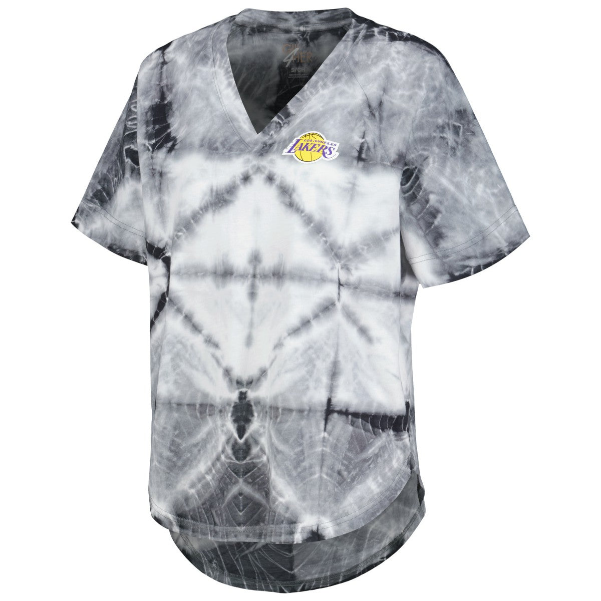 Los Angeles Lakers G-III 4Her by Carl Banks Women's Tournament Raglan Oversized Tie-Dye V-Neck T-Shirt For Sale