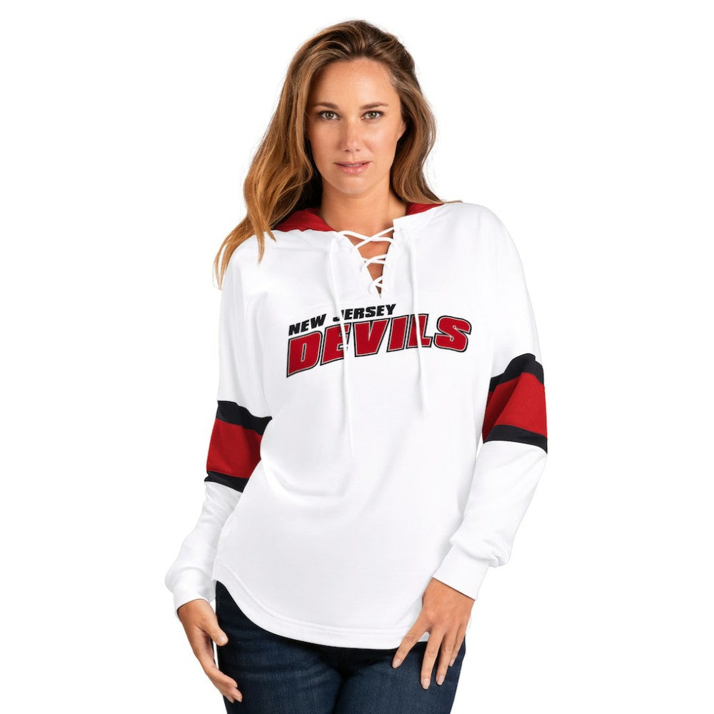 New Jersey Devils G-III 4Her by Carl Banks Women's Goal Zone Long Sleeve Lace-Up Hoodie T-Shirt Discount