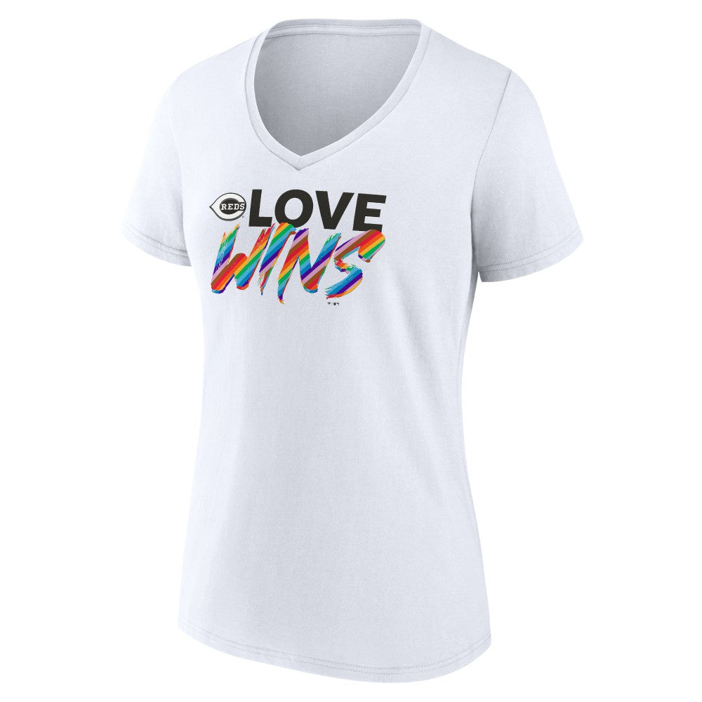 Cincinnati Reds Women's Love Wins V-Neck T-Shirt | MLB Discount