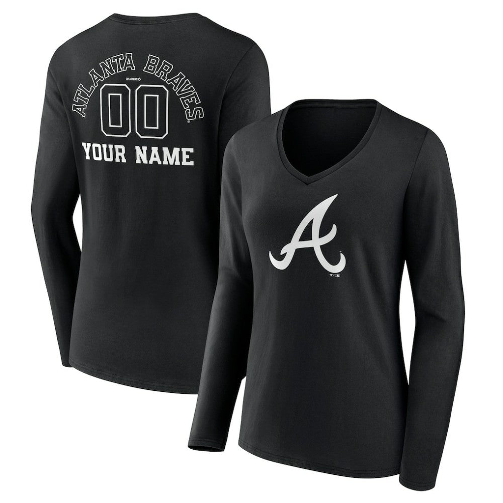 Atlanta Braves Women's Monochrome Personalized Name & Number Long Sleeve V-Neck T-Shirt | MLB Shop