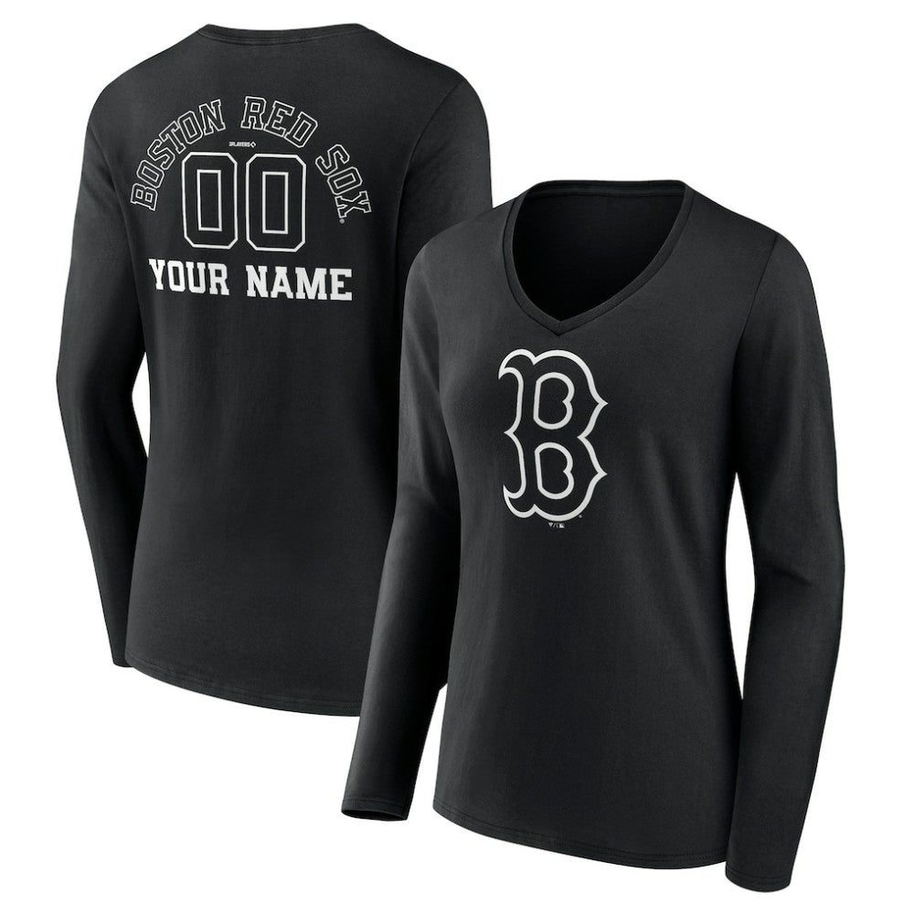 Boston Red Sox Women's Monochrome Personalized Name & Number Long Sleeve V-Neck T-Shirt | MLB Online
