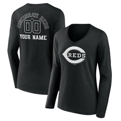 Cincinnati Reds Women's Monochrome Personalized Name & Number Long Sleeve V-Neck T-Shirt | MLB US