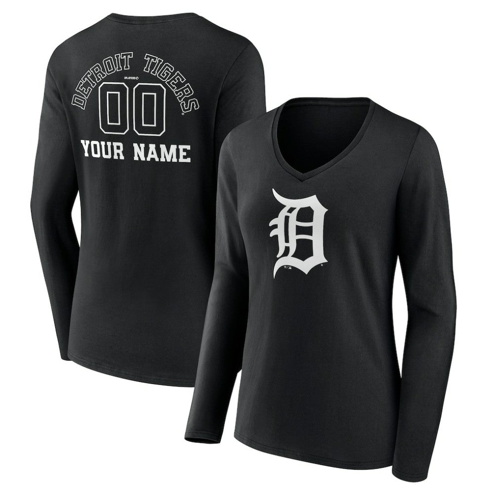 Detroit Tigers Women's Monochrome Personalized Name & Number Long Sleeve V-Neck T-Shirt | MLB On Sale