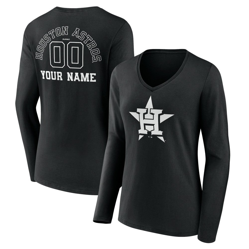 Houston Astros Women's Monochrome Personalized Name & Number Long Sleeve V-Neck T-Shirt | MLB On Sale