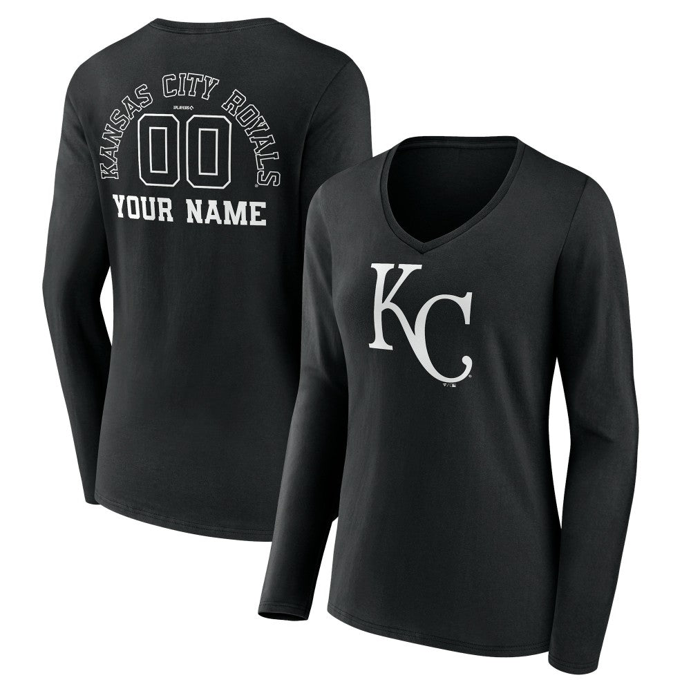 Kansas City Royals Women's Monochrome Personalized Name & Number Long Sleeve V-Neck T-Shirt | MLB New
