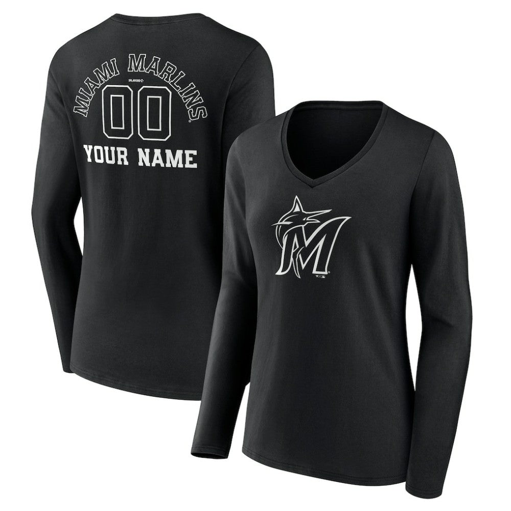 Miami Marlins Women's Monochrome Personalized Name & Number Long Sleeve V-Neck T-Shirt | MLB For sale