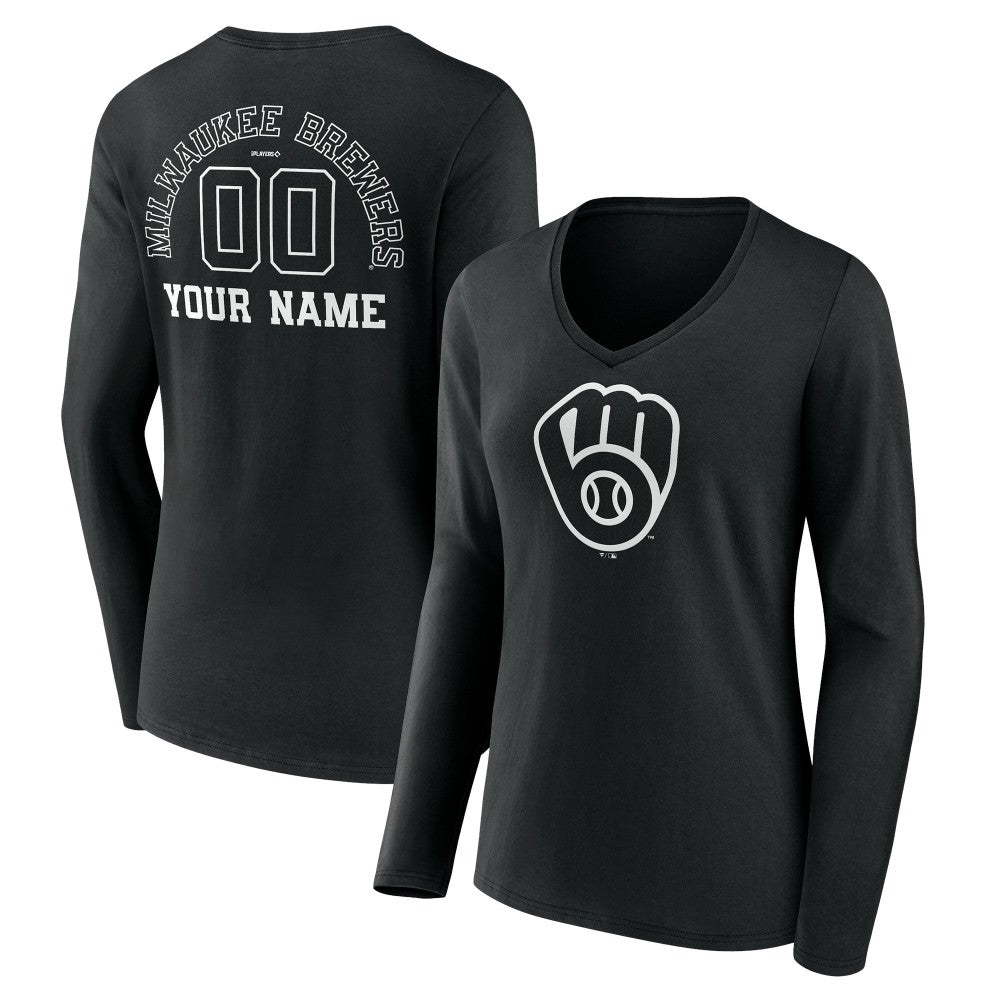 Milwaukee Brewers Women's Monochrome Personalized Name & Number Long Sleeve V-Neck T-Shirt | MLB For sale