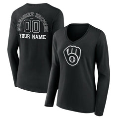 Milwaukee Brewers Women's Monochrome Personalized Name & Number Long Sleeve V-Neck T-Shirt | MLB For sale