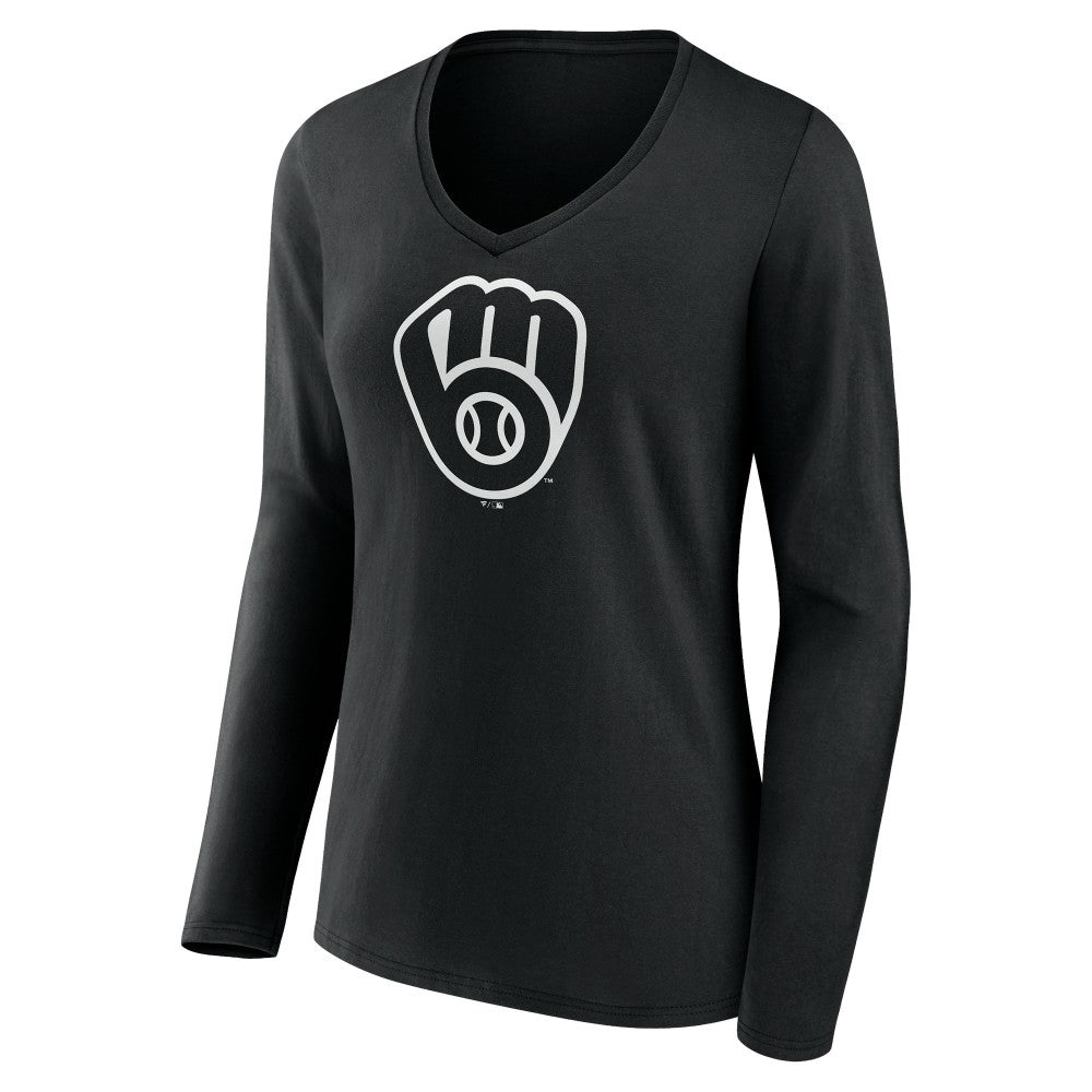 Milwaukee Brewers Women's Monochrome Personalized Name & Number Long Sleeve V-Neck T-Shirt | MLB For sale