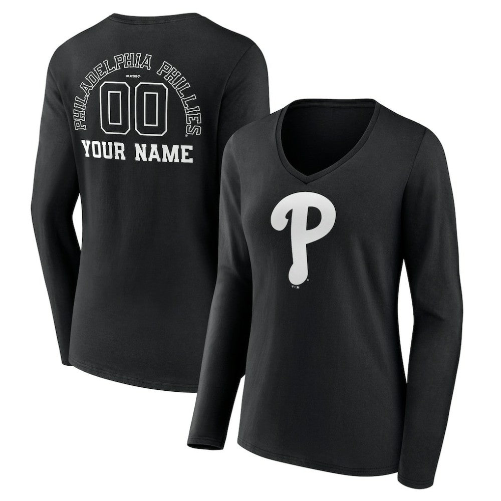 Philadelphia Phillies Women's Monochrome Personalized Name & Number Long Sleeve V-Neck T-Shirt | MLB For sale