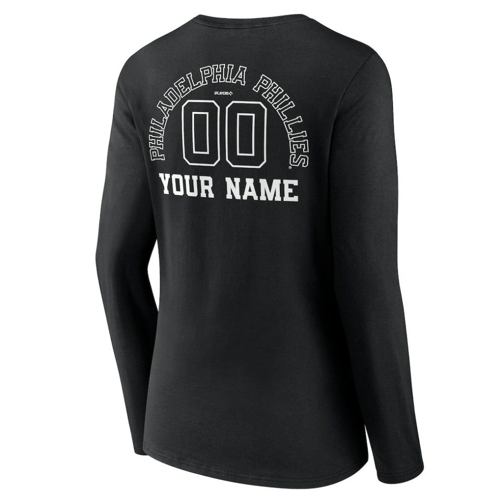 Philadelphia Phillies Women's Monochrome Personalized Name & Number Long Sleeve V-Neck T-Shirt | MLB For sale