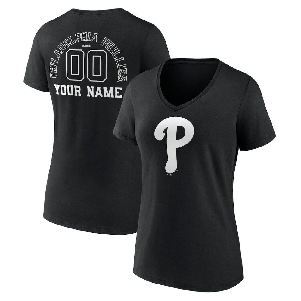 Philadelphia Phillies Women's Monochrome Personalized Name & Number V-Neck T-Shirt | MLB Sale