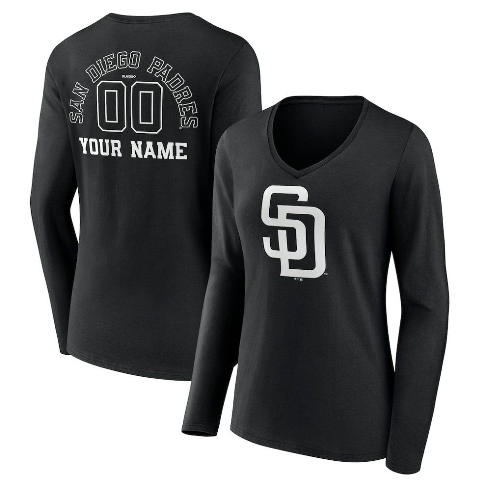 San Diego Padres Women's Monochrome Personalized Name & Number Long Sleeve V-Neck T-Shirt | MLB New