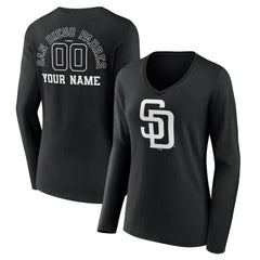 San Diego Padres Women's Monochrome Personalized Name & Number Long Sleeve V-Neck T-Shirt | MLB New