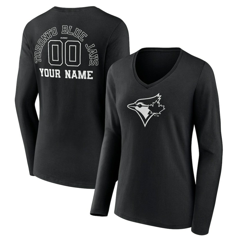 Toronto Blue Jays Women's Monochrome Personalized Name & Number Long Sleeve V-Neck T-Shirt | MLB New