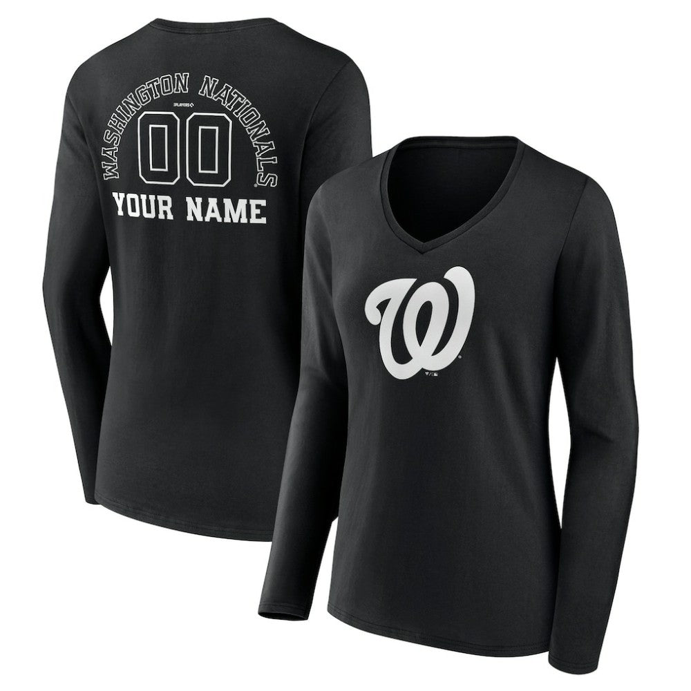 Washington Nationals Women's Monochrome Personalized Name & Number Long Sleeve V-Neck T-Shirt | MLB Online