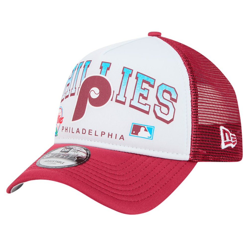 Philadelphia Phillies New Era Retro Wordmark 9FORTY A-Frame Trucker Adjustable Hat | MLB Sale